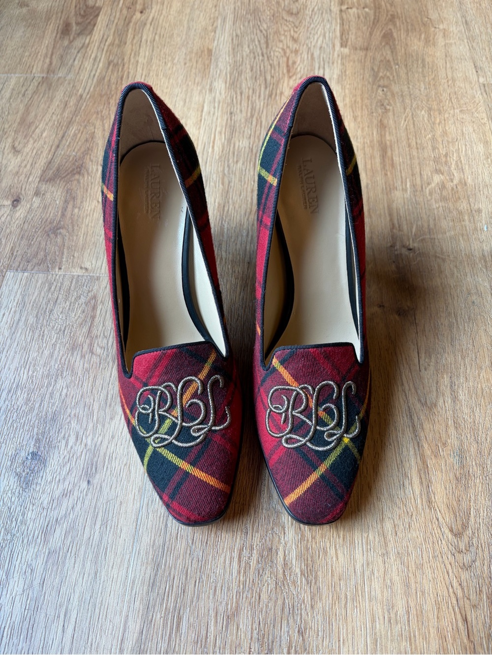 Lauren Ralph Lauren Corah Embroidered Logo Plaid Pumps Tartan Heels Size 9.5B